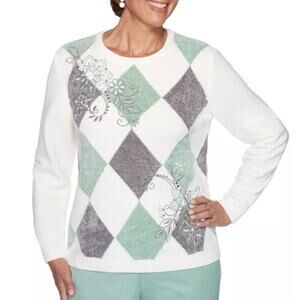 Alfred Dunner Lake Geneva Chenille Sweater, Green/White Size 3x